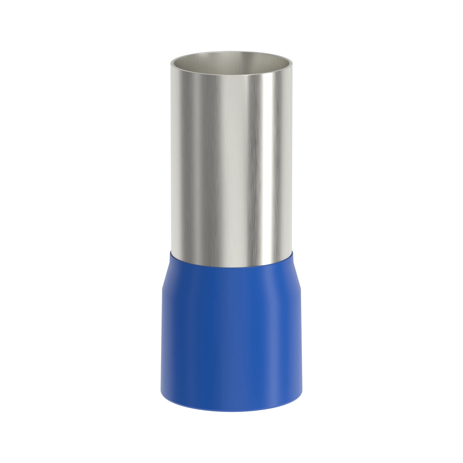 HE95-25 blue insulated bootlace ferrule, 95 mm² / 3/0 AWG, 25 mm pin, front view