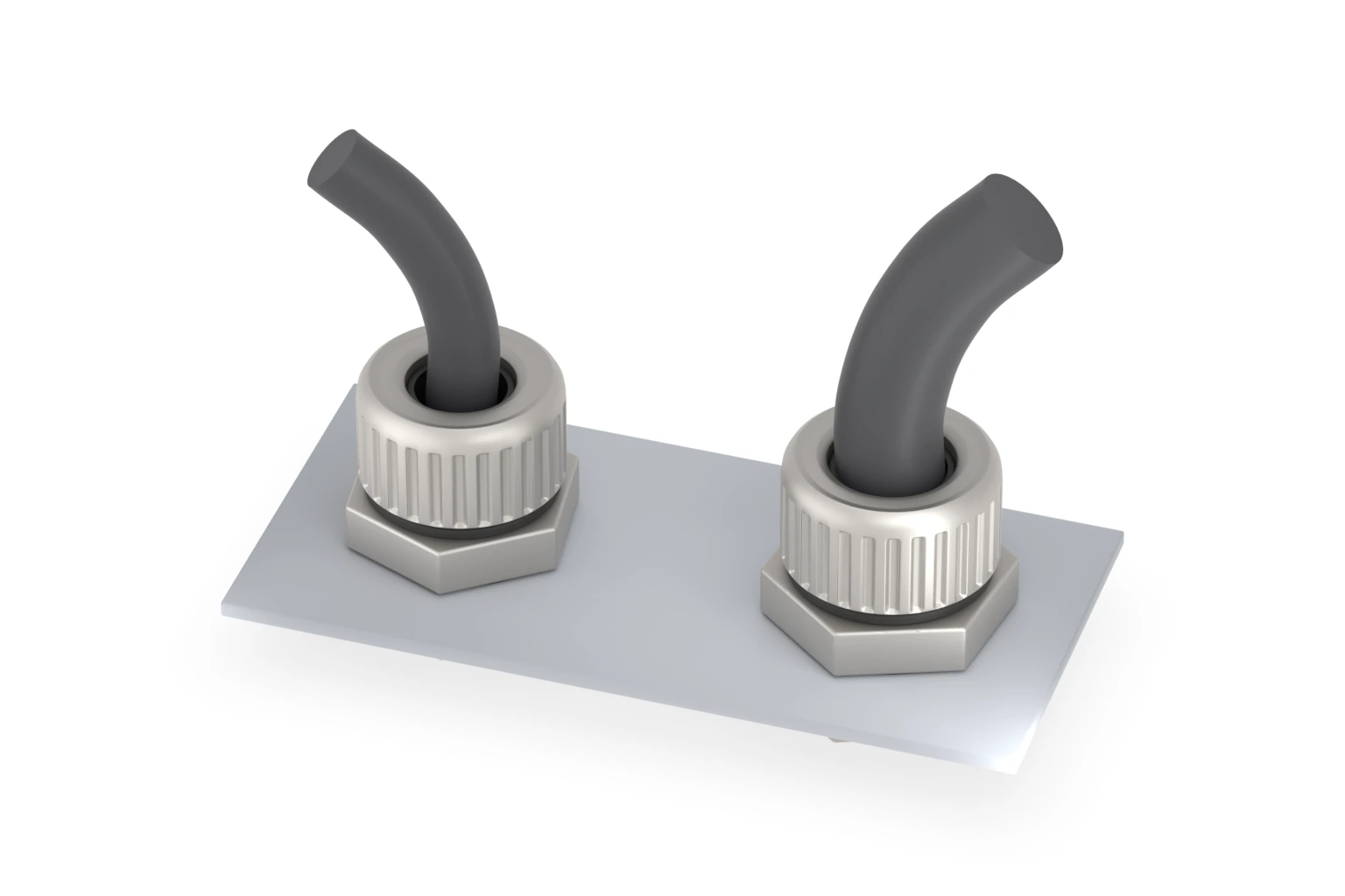 Two M20 nickel-plated brass cable glands installed with different cable diameters