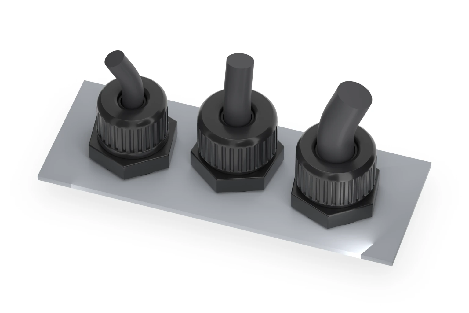 Three M20 nylon cable glands installed with different cable diameters