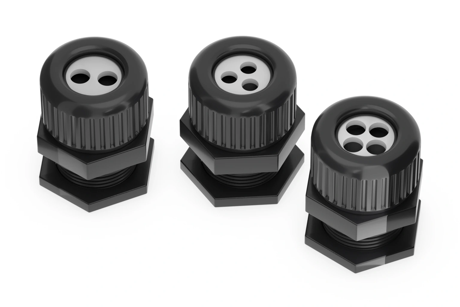 Two-hole, three-hole and four-hole nylon cable glands shown together