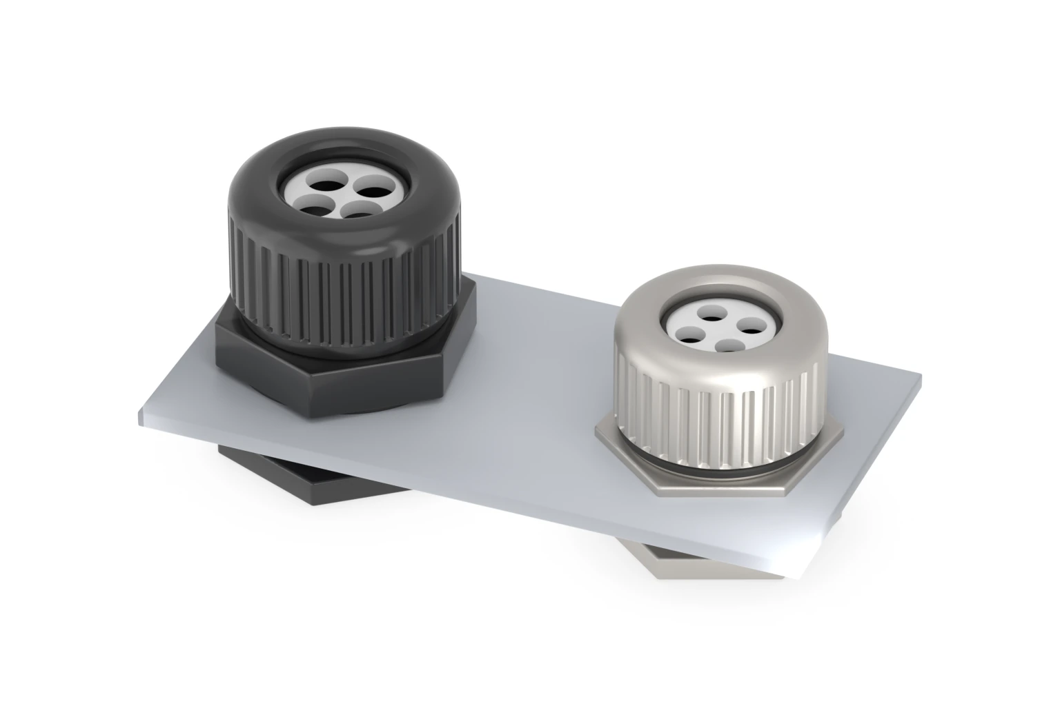 Black nylon and nickel-plated brass four-hole cable glands installed in one panel