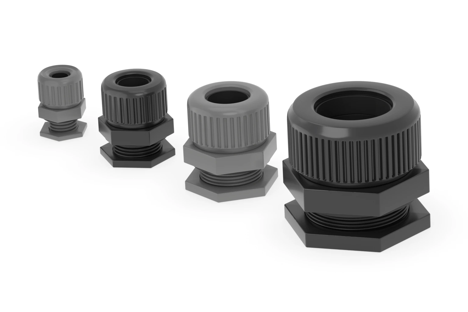 Black and grey nylon cable glands arranged from smaller to larger mounting sizes