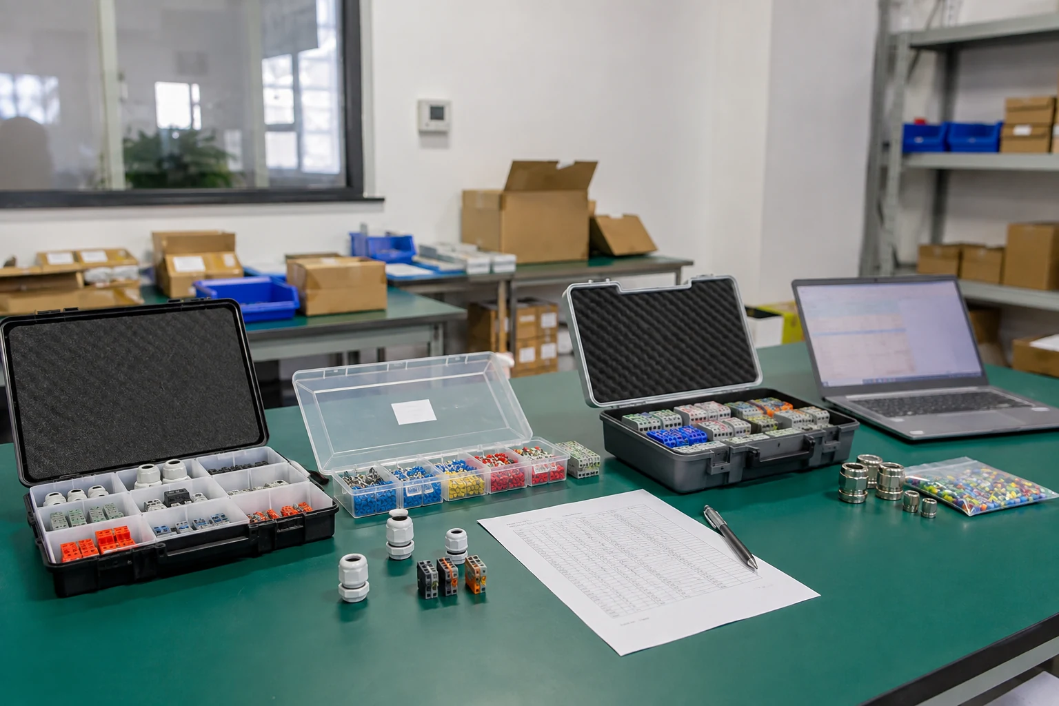 Product samples and requirement-review materials on a workbench