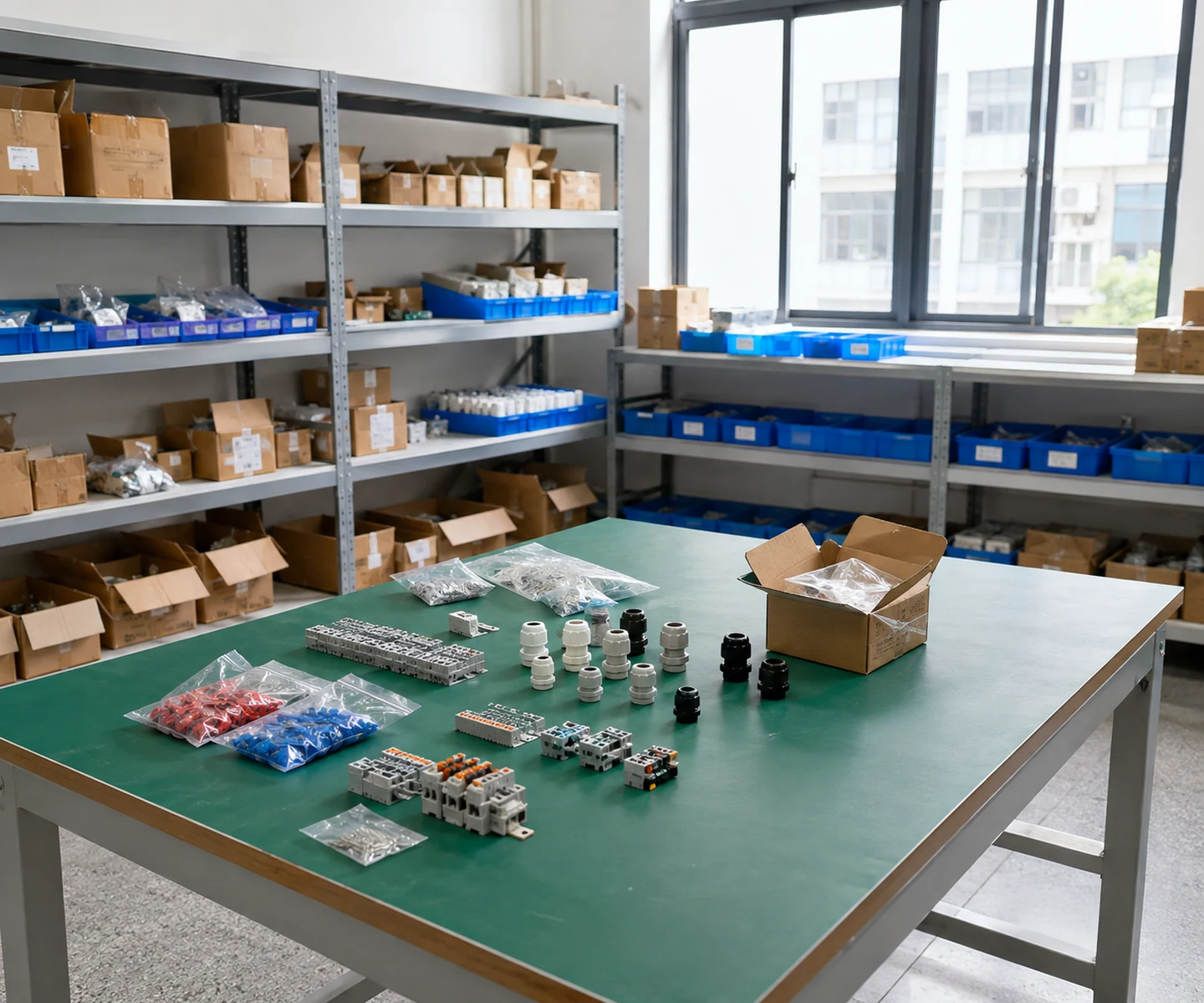 Electrical components and order-preparation workbench in a small warehouse