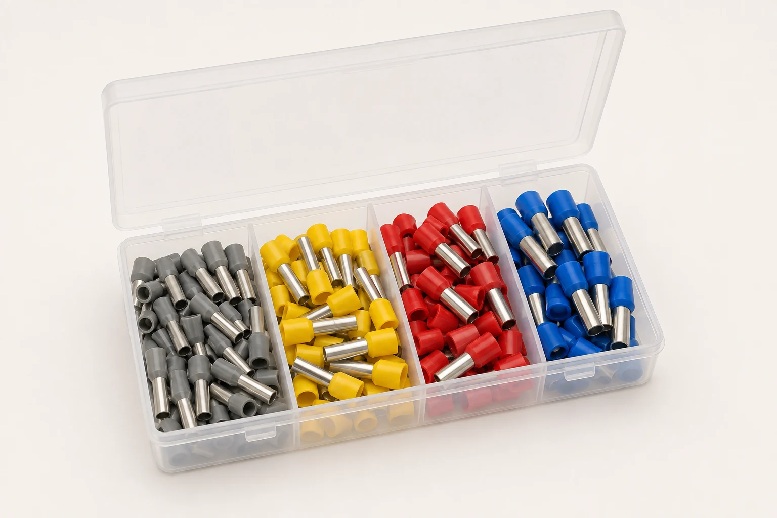 TNX-A100 insulated wire ferrule assortment box with four power-wiring sizes