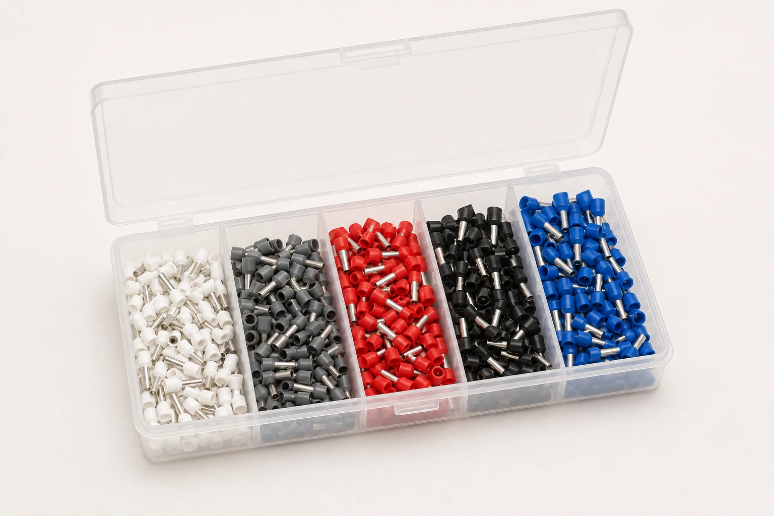 TNX-A400 insulated wire ferrule assortment box with five DIN colour-coded sizes