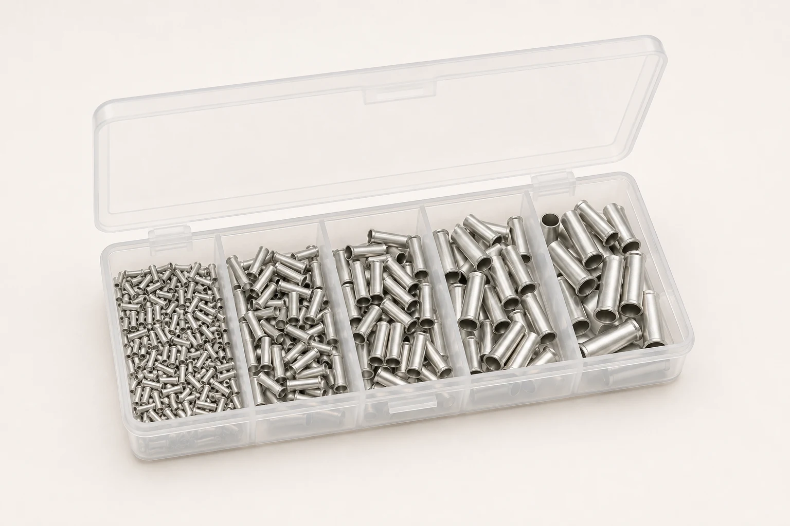 TNX-N500 non-insulated wire ferrule assortment box with five control-wiring sizes