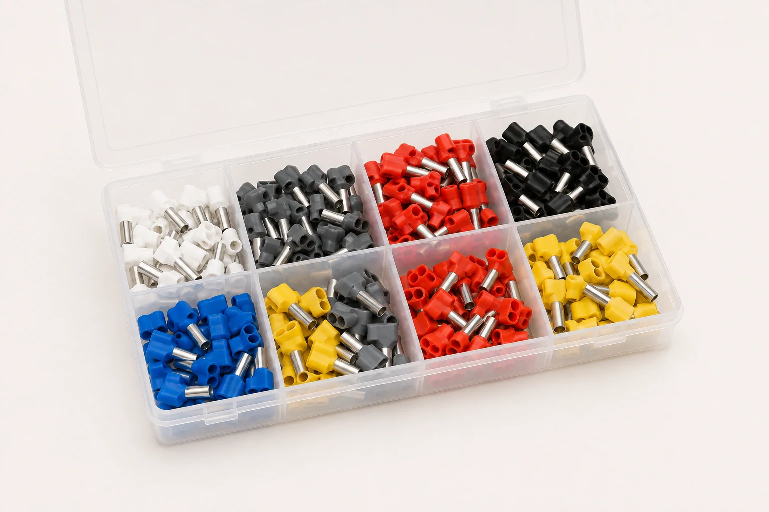 Twin wire ferrule assortment box with colour-coded dual-entry ferrules separated by size