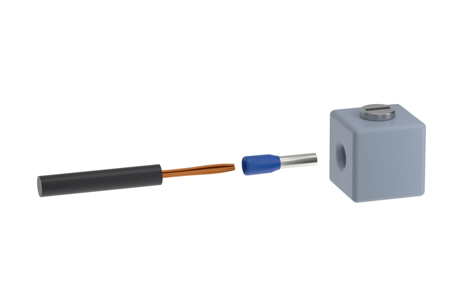 Stranded copper wire, an insulated wire ferrule and a terminal entry shown in assembly order