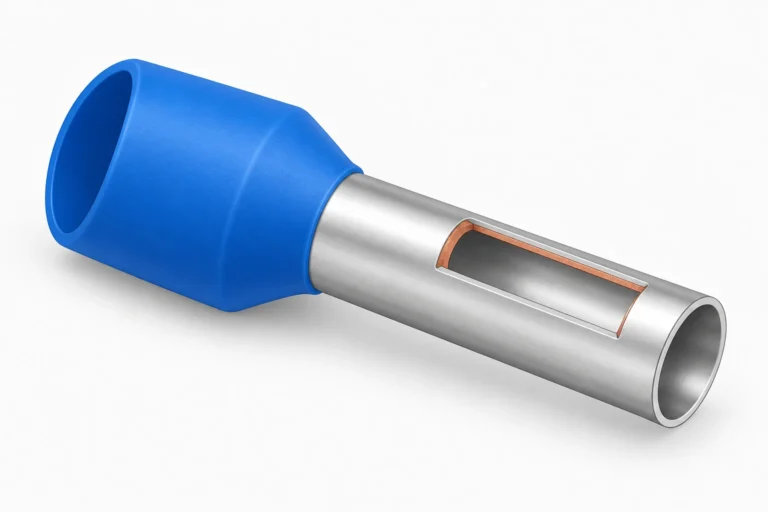 Insulated wire ferrule illustration with a blue collar and cutaway showing copper beneath tin plating