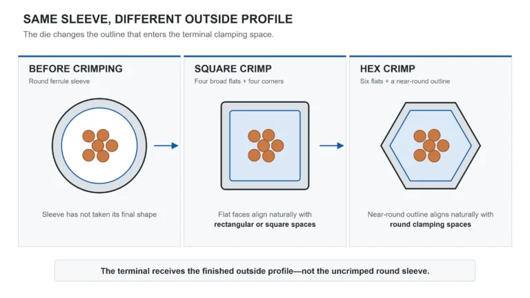 Square vs hex ferrule crimp cross sections compared with the round sleeve before crimping